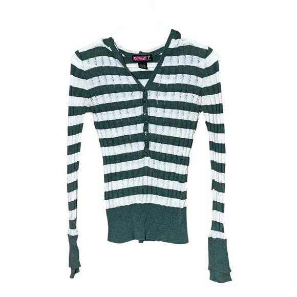 VTG Y2K Say What? Wm's Cotton Long Sleeve Hood V Neck Stripe Pullover Sz L Bella - Picture 1 of 5